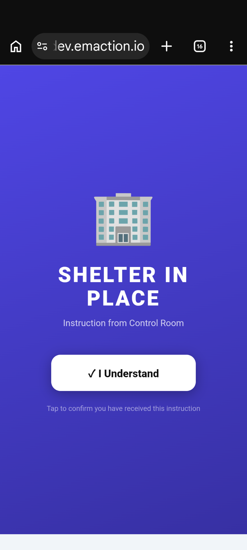 Shelter in Place broadcast card on a phone screen